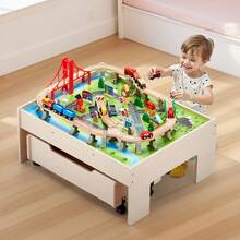 Train Table, 100 Multicolor Pieces Wooden Kids Activity Table With Rolling Storage Drawer, 3-In-1 Wooden Train Set For Gaming, Drawing, Reading, Eating, Creative Toy Set For Kids Ages 3+ - 100 Multicolor Pieces - View 9