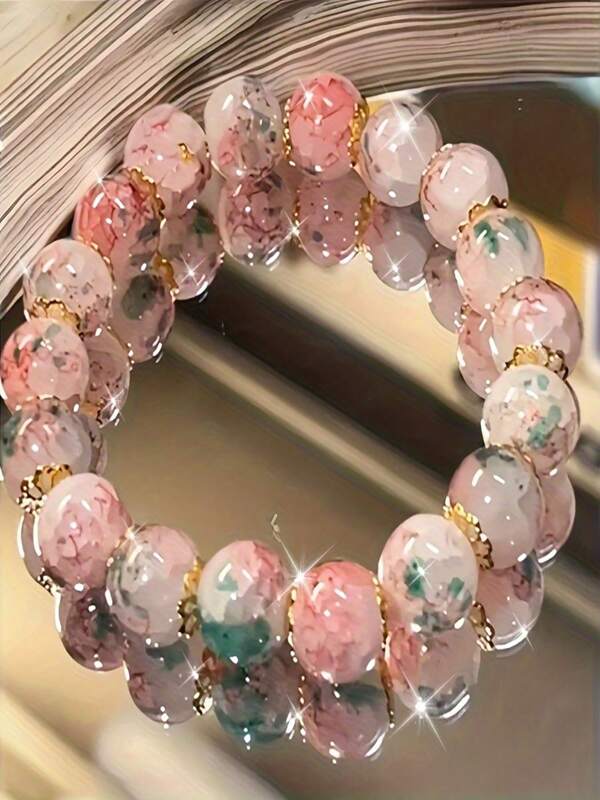 1pc Lovely Cherry Blossom Glass Bead Butterfly Bracelet, Fashion Pink Non-Metal Design Jewelry For Women