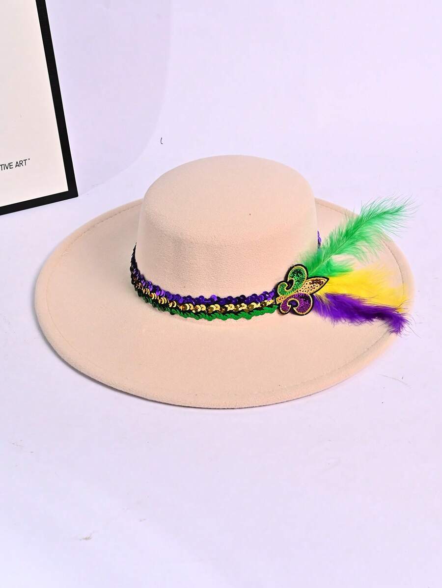 1 件男女通用纯色圆顶平檐帽，带链条，紫绿色，适用于狂欢派对、化妆舞会、活动、郊游、聚会、约会、拍照、四季高顶礼帽