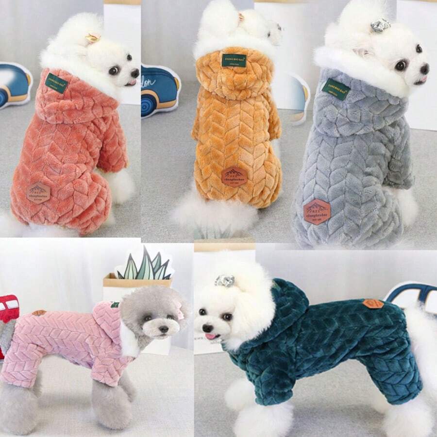 宠物服装，狗狗服饰，猫咪四足动物服装，英伦风四足动物双层抓绒服装，小动物服装，狗狗运动服，动物服装，流行欧美新款秋冬休闲牵引带帽宠物服装 - 黃色 - 查看 1