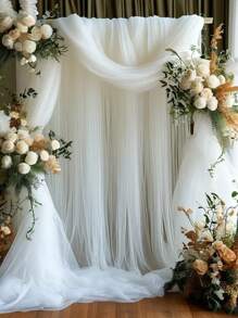 1 Pc 30ft/800cm Elegant White Voile Wedding Arch Curtain, Suitable For Ceremony And Reception Decor, Perfect For Wedding Arch, Engagement Ceremony And Holiday Decoration - Made Of Acetate Fiber, No Power Required