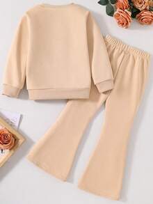 Tween Girl Leopard Print Bow Pattern Print Round Neck Sweatshirt And Flared Pants Set - Khaki - View 2