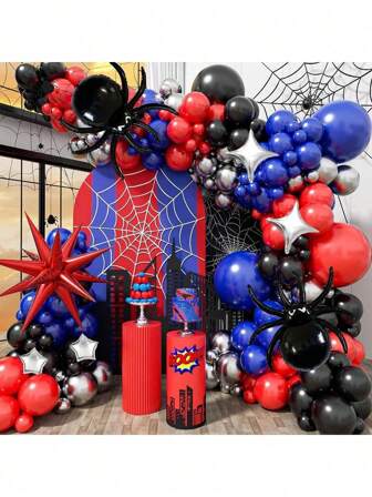 Juego de arco de globos de 114 piezas en rojo, azul marino y plateado metálico, incluye globos de látex rojos, azules y plateados metálicos, globos araña, telarañas blancas, telarañas de estiramientos artificiales, arco de globos con tema de araña, adecuado para hombres, con estallidos de estrellas y globos de papel de aluminio con estrella, para fiestas de cumpleaños, decoración de fiesta de cumpleaños con tema de araña, fiesta de superhéroe araña, baby shower, graduación