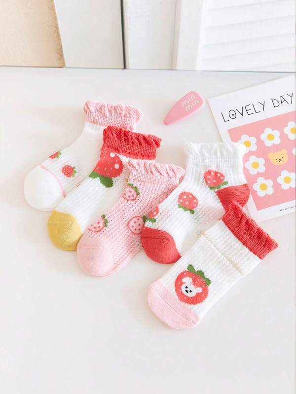 5 Pairs Toddler Socks With Adorable Strawberry And Dog Designs, Featuring Pink & White, Red & Yellow, Pink, White Ruched Red, And Red & Pink Strawberry Patterns With Dog Details. All Are Cute For Baby To Wear!