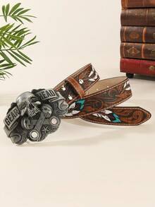 1PC Men And Women Can Use Retro Belt With Large Buckle, Domineering Personalized, Embossed PU Leather, Fashionable Retro Gothic Style - Large Skull - View 17