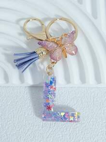 Sparkling Purple Mixed Snowflake Sequins, 26 Capital English Letters, Paired With Golden Patterned Butterflies And Purple Leather Tassels, 18kc Gold Lobster Buckle Flat Ring Chain Three Pieces Keychain Set, Suitable For Luggage Hanging Accessories, Car Hanging Accessories, Key Hanging Accessories, Mobile Phone Hanging Accessories, Clothing Hanging Accessories, As A Birthday Gift For Friends, Couples, And Mothers, Suitable For Both Men And Women - Purple - View 5
