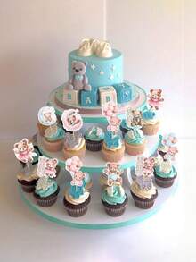 32 件熊形纸杯蛋糕装饰月亮宝宝派对蛋糕装饰丛林动物主题生日派对蛋糕用品蓝粉色