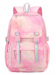 可爱的雪花色尼龙背包 - 轻巧宽敞，耐用，配有绒球饰物，非常适合上学和日常通勤，有蓝色/玫瑰色/粉色/紫色可供选择，旅行背包 - 彩色 - 查看 5