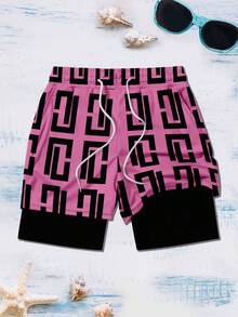 男士双层时尚印花休闲运动沙滩短裤