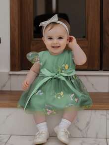 Girls Floral Embroidered Dress Toddler Fly Sleeve Princess Dress Birthday Wedding Pageant Party Dresses - Army Green - View 5