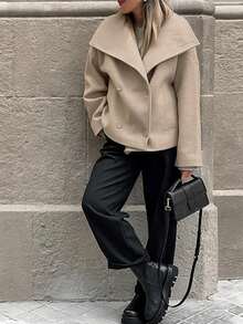 1pc Solid Color Thick Wool Blend Pocket Double Breasted Zipper Women Coat, Casual Autumn/Winter