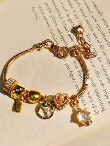 1pc Zodiac Charm Bracelet, 1pc Fashion Metal Crystal Ball Bracelet, 1pc Vintage Heart Bracelet, 1pc Gold Envelope DIY Bracelet - Gold - View 6