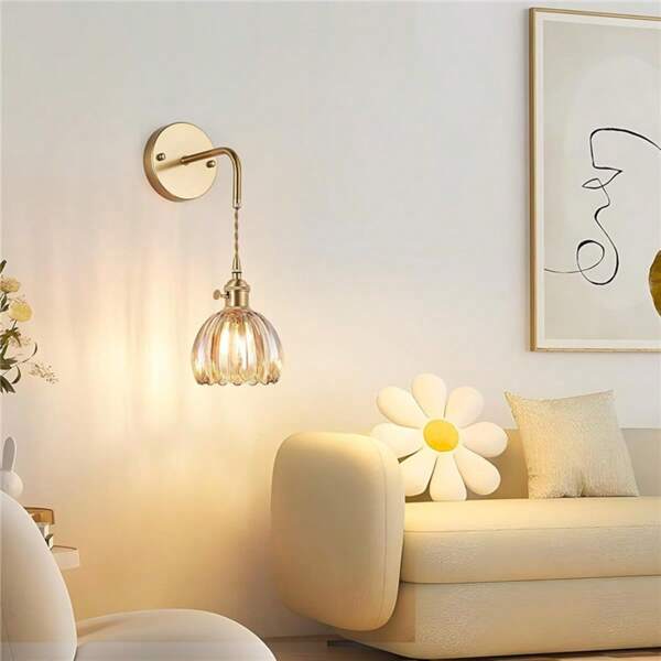 Luminária de parede vintage de vidro com braço ajustável e cúpula de vidro tulipa, base E27, fiação fixa, adequada para cabeceira, corredor, frente de espelho de banheiro, decoração, lâmpada não incluída