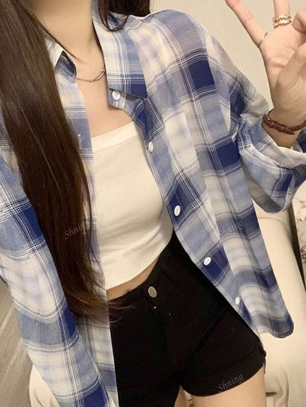2025 Summer New Plaid Shirt Women Casual Loose Blouse Top