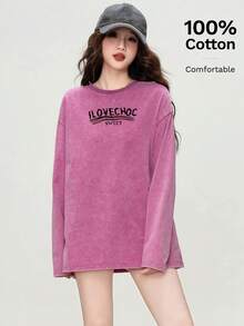 女式复古褪色美式时尚休闲棉质 T 恤 - 0A23(洗水)火龍果紅-YH769黑色 - 查看 2