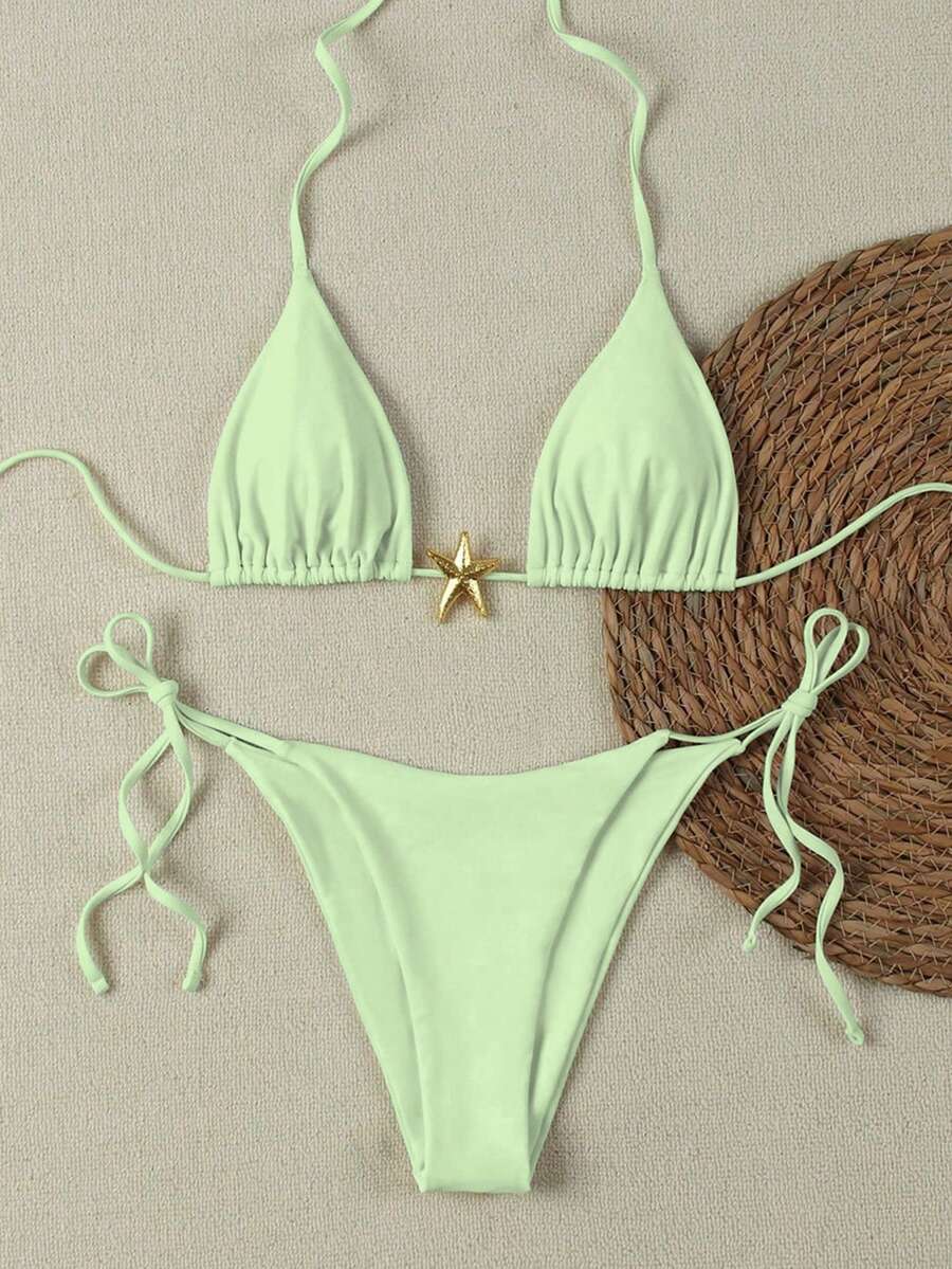 夏季性感金屬色海星裝飾純色女款比基尼兩件套,海灘度假派對時尚優雅休閒泳衣套裝 - 綠色 - 查看 1
