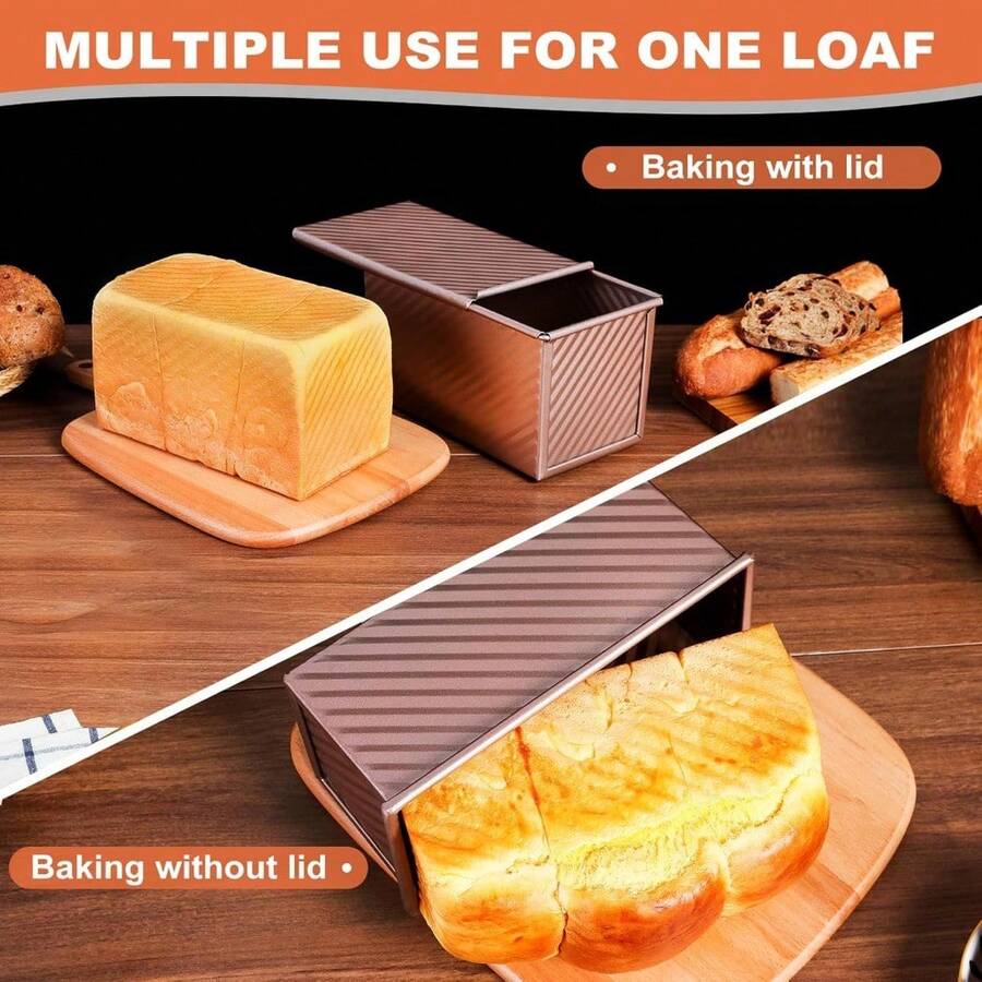 2 Pack Pullman Loaf Pan With Lid, 1 Lb/0.5 Lb Dough Capacity, Premium Non-Stick Sandwich Bread Loaf Pan With Lid, Carbon Steel Corrugated Bread Toast Box Mold With Cover For Baking - 1 - Xem 1
