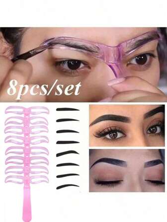 8款可重复使用的眉形模板，带手柄，眉形塑造模板，可水洗，柔软便携的3D眉毛增强卡。包含8种眉形和塑形工具，非常适合初学者、化妆爱好者、预算有限、房间装饰、梳妆台、旅行、卧室、化妆配件、圣诞礼物、化妆品、化妆工具、便宜好物、礼物、女士礼物、圣诞礼物。