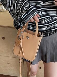 1pc Women Plain Color PU Leather Handbag, Zip Closure, Fashion Tote Bag, Suitable For Dates And Gifts - Khaki - View 5