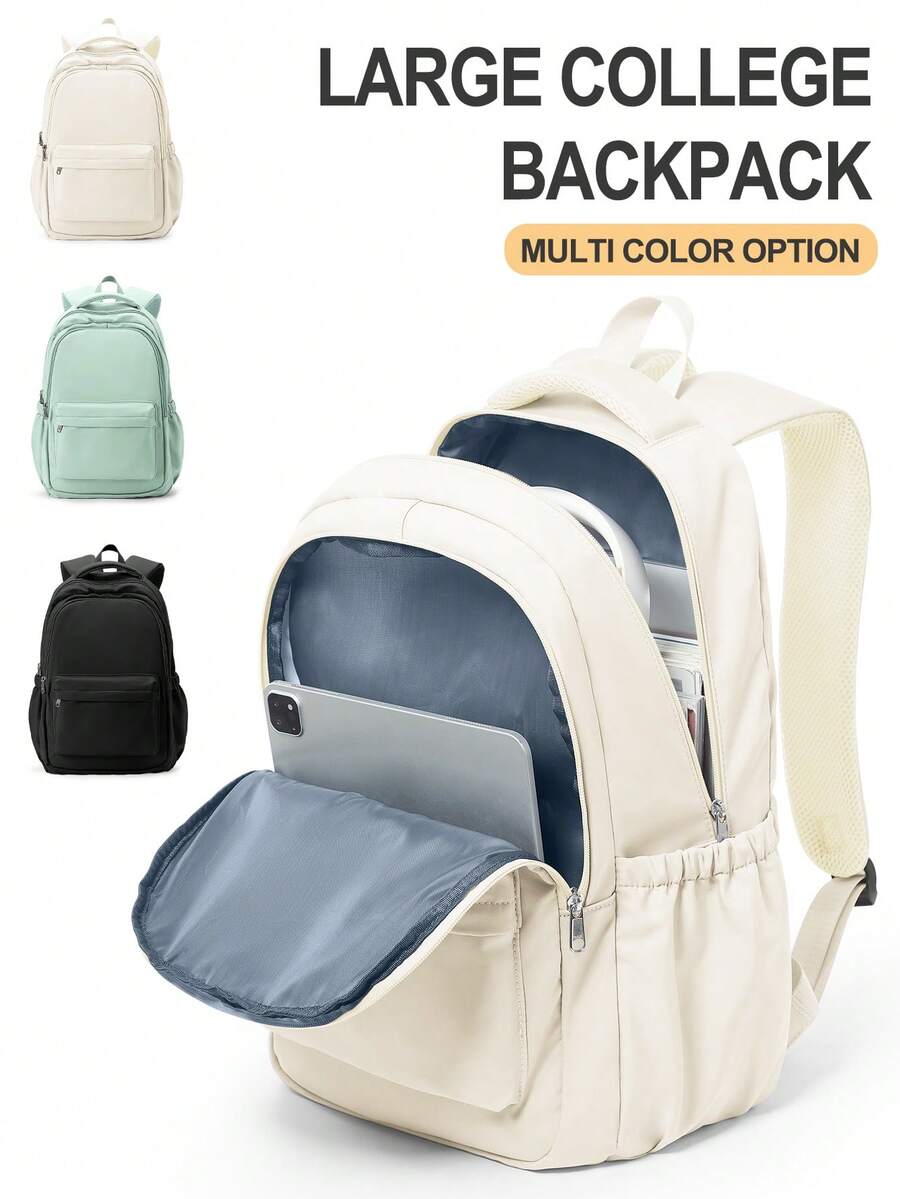 Casual College Student Backpack, Solid Color 14/15.6 Inch Laptop Backpack, Unisex, Commuter Bag With Zipper Pockets, Multi-Functional Compartment Backpack, Daily Backpack Travel Bag, Fashionable Minimalist Casual, Multi-Functional Outdoor Travel Backpack, Portable Large Capacity Lightweight Backpack, Suitable For Work, Size 44*15*30cm