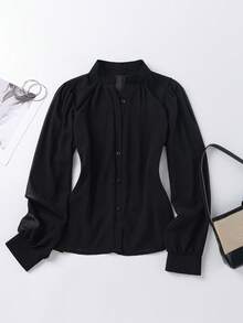 Women's Fashionable Elegant Versatile Solid Color Lantern Sleeve Blouse Black Summer - Black - View 3