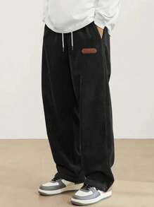 Men's Casual Versatile Letter Graphic Drawstring Waist Long Pants - Black - View 2