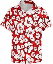 Mens Hawaiian Shirts Casual Button Down Short Sleeve Beach Clothes For Menhalloween - Hoa dâm bụt đỏ - Xem 5
