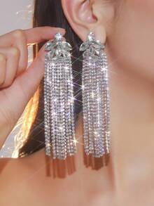 1 Pair High-End Multi-Layer Crystal Rhinestone Long Tassel Earrings, Fashionable Rhinestone Stud Earrings, Party Dress, Daily Versatile, Wedding Dress Earrings - Crystal Rhinestone Tassel Earrings - View 3