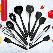 Juego de utensilios de cocina de silicona de 10 piezas, resistentes al calor, antiadherentes, accesorios de cocina multifuncionales - Negro - Ver 5