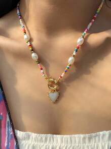 Colar com pingente de coração de pérolas coloridas e pérolas artificiais feito à mão, acessório feminino para festa na praia