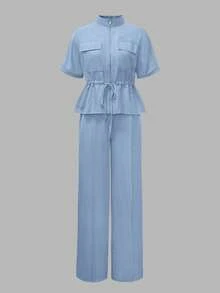 ANCHOSE 2 bộ trang phục công sở thanh lịch thường ngày cho nữ - Áo thun trơn màu có khóa kéo phía trước và quần ống rộng rộng rãi, mùa xuân/hè - Màu xanh nhạt - Xem 2