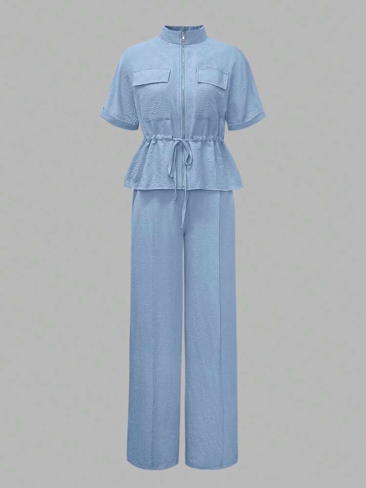 ANCHOSE 2 bộ trang phục công sở thanh lịch thường ngày cho nữ - Áo thun trơn màu có khóa kéo phía trước và quần ống rộng rộng rãi, mùa xuân/hè - Màu xanh nhạt - Xem 2