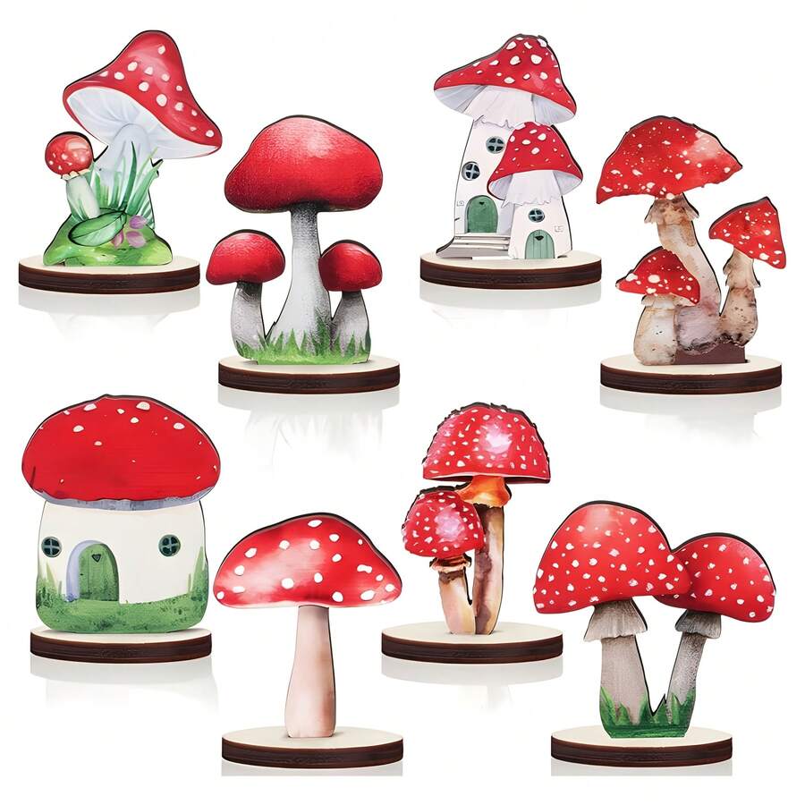 8 pièces Décorations de fête en bois en forme de champignon, décoration de fée de la forêt, idéal pour l'anniversaire de camping en forêt - Multicolore 3 - Voir 1