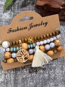 4pcs/Set Boho Style Wooden Life Tree Charm Bracelets, Elastic Rope Bangles For Daily Wear & Parties