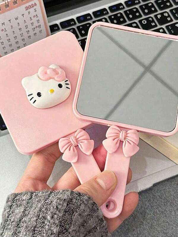 Sanrio Hello Kitty Cat Handle Mirror With Comb Portable Hand-Held Makeup Mirror Girly Mirror Comb Integrated Small Mirror Outdoor Travel Best Gift For Friends