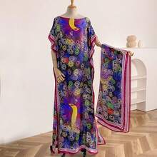 2025 Summer New Fashion African Dresses For Women Elegant Printed Silk Muslim Lady Long Hijab Kaftan Dress Oversize Kuwait Abaya 0VRP - XANH ĐẬM - Xem 5