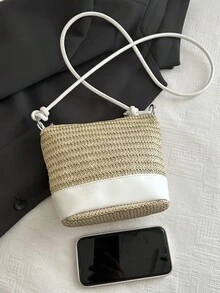 时尚新款撞色拼接迷你休闲单肩编织包，百搭简约海滩度假风女士手提斜挎包，适合逛街、钱包、购物、年轻女性、大学生、新人、白领人士。非常适合办公室、大学、工作、商务、通勤、户外活动、旅行和郊游。 - 彩色 - 查看 8