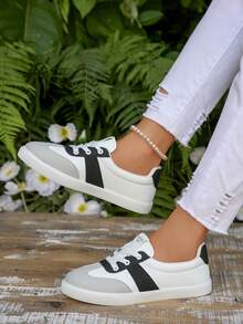 秋冬 1 双黑白加大码户外休闲运动鞋，女式几何图案系带舒适滑板鞋，百搭圆头休闲鞋，四季皆宜，女式运动鞋 - 黑與白 - 查看 4