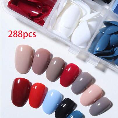288 件/套（12 款混合）短椭圆形裸色春夏颜色中长杏仁亚克力指甲贴全覆盖假指甲贴带收纳盒适合女性和女孩日常生活和派对使用美甲用品指甲