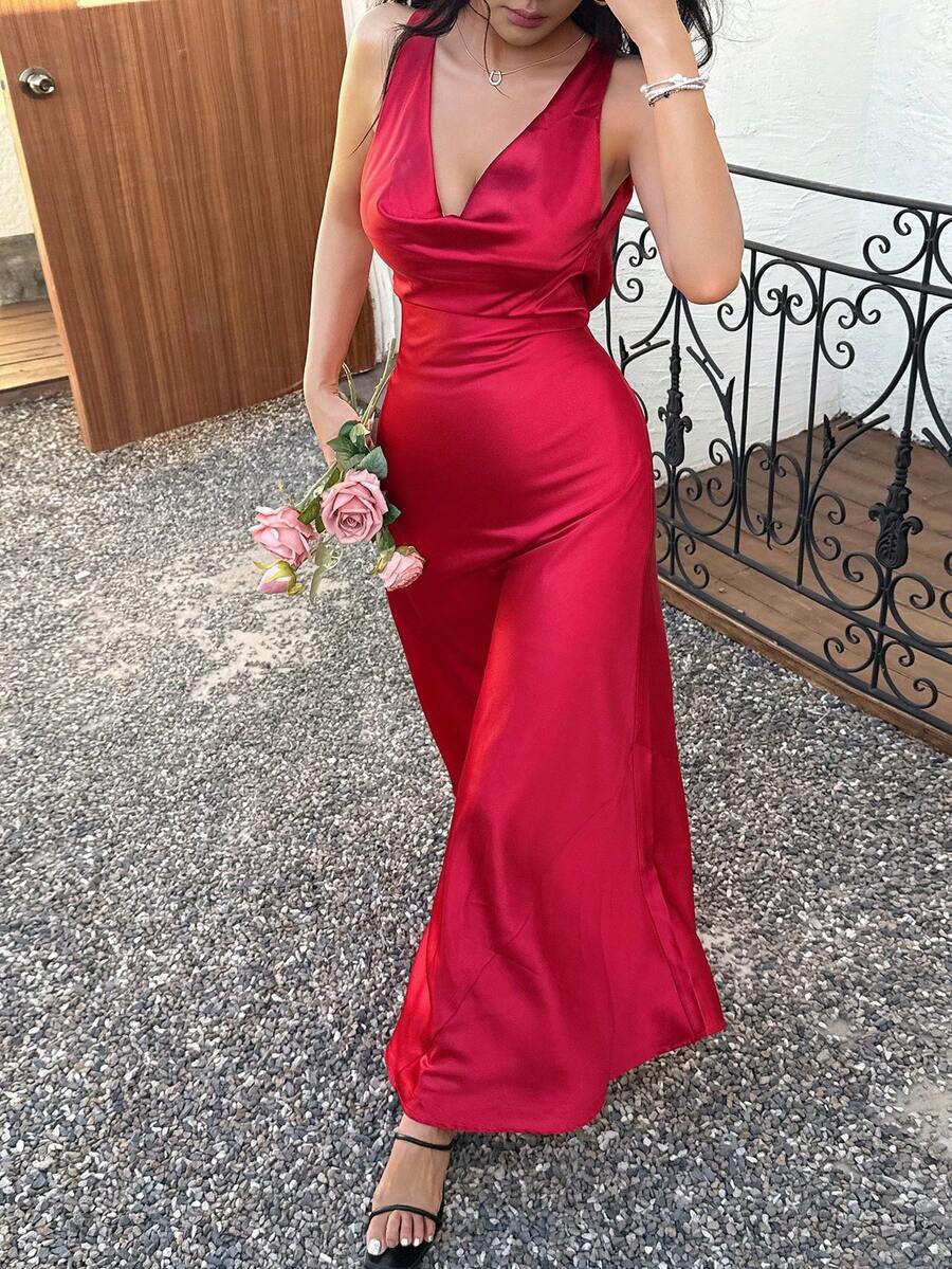 DEEKA 新款夏季时尚性感缎面感长款内衣风格派对连衣裙，适合夏季、节日、情人节 - 紅色 - 查看 1