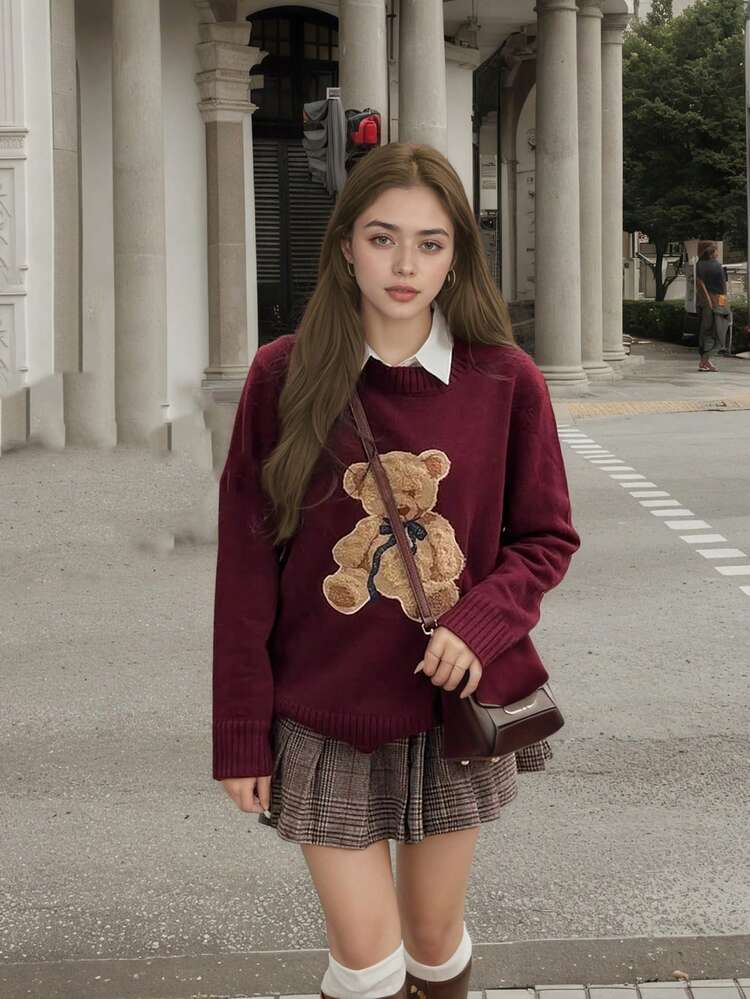 Suéter de punto de cuello redondo de manga larga con estampado de oso de dibujos animados para mujer, atuendos de otoño para mujer, ropa de vuelta al colegio, atuendos de concierto para mujer, blusas para salir para mujer, ropa urbana para mujer, atuendo d