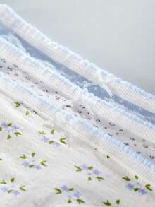 3Pcs Cute Floral Print Ladies Elegant Blue Color Thong Panty Set, Soft, Breathable, Comfortable Underwear With Bow Detail, Suitable For Yoga, Fitness, Sleep And Casual Wear, Yoga Lingerie | Playful Pattern | Soft Texture, DORSU - Multicolor - View 3