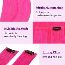 LSeaml Clip In Hair Extensions Human Hair 14 Inch 30g 6Pcs Hot Pink Straight Real Virgin Human Hair Seaml Clip Ins For  PU Weft Invisible Edge5001 - #HOTPINKST - Xem 5