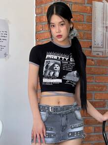 ROSIE IN SEOUL 女款黑色图案T恤 返校街头服饰可爱上衣 | 海滩度假服装 夏秋新品