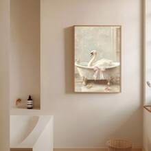 1pc Unframed Cute Pink Bow Swan In Tub Funny Wall Art Poster Canvas Print Maximalist Bathroom Dopamine Decor Painting For Toilet,Living Room,Bedroom,Modern Home Decoration