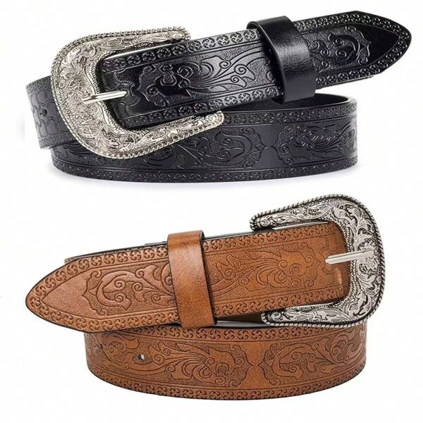 1pc Bohemian New American Style Vintage Embossed Leather Belt, Brown, Black, Pink, Unisex Suitable For Jeans, Gift For Girl, Boy, Valentine's Day