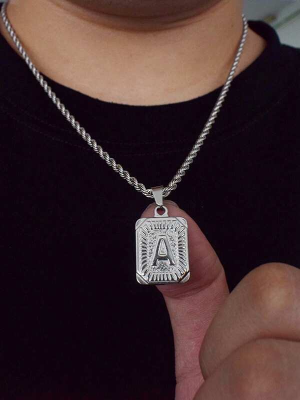 1pc Twist Rope Chain Stainless Steel Square Initial Letter Necklace For MEN