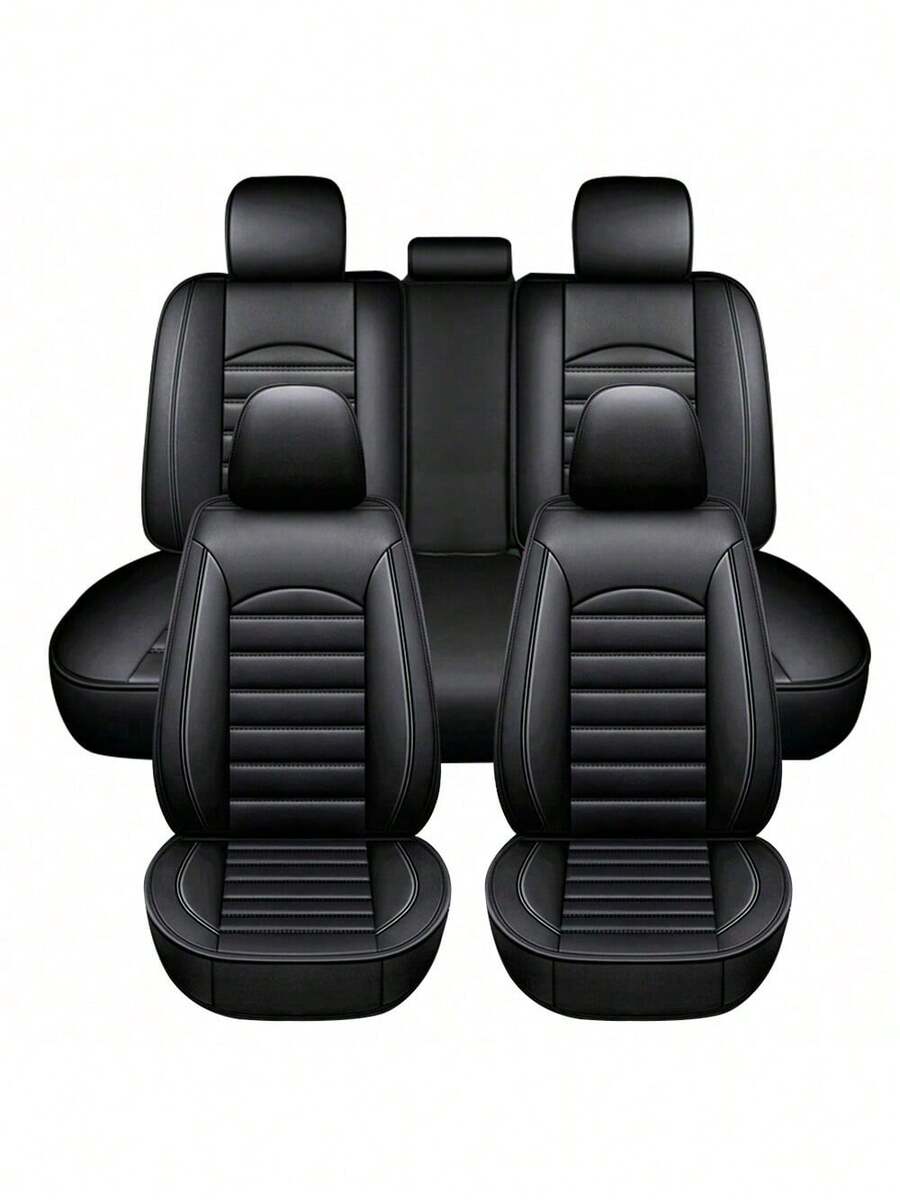 Protector de asiento de automóvil de 5 asientos, funda de lujo para asiento de automóvil, juego completo universal de protectores de cojines de asiento delanteros y traseros, diseño envolvente completo, funda de asiento trasero ajustable, 2* fundas de asientos delanteros, 2* fundas de asientos traseros (tamaño ajustable), 1 *funda del respaldo trasero, 1*funda del reposabrazos (extraíble), equipada con hebillas y ganchos,Días festivos, Regalos, Grandes regalos para hombres, Productos de emergencia, Día del padre, Modificaciones, Protección de los asientos del automóvil - Negro - Ver 1