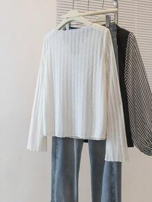 YUXIN 新款宽松条纹长袖轻便休闲T恤上衣，薄款春夏防晒罩衫 - 杏色 - 查看 12