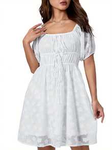 Vestido de línea A con mangas abullonadas y cintura elástica para mujer en colores pastel con adorno de encaje - Estilo de verano - Blanco - Ver 5